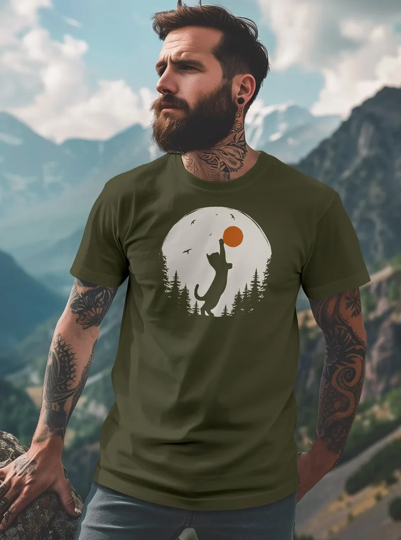 Herren T-Shirt Frontprint Katze Silhouette Natur Aufdruck Printshirt Grafik Fashion Streetstyle