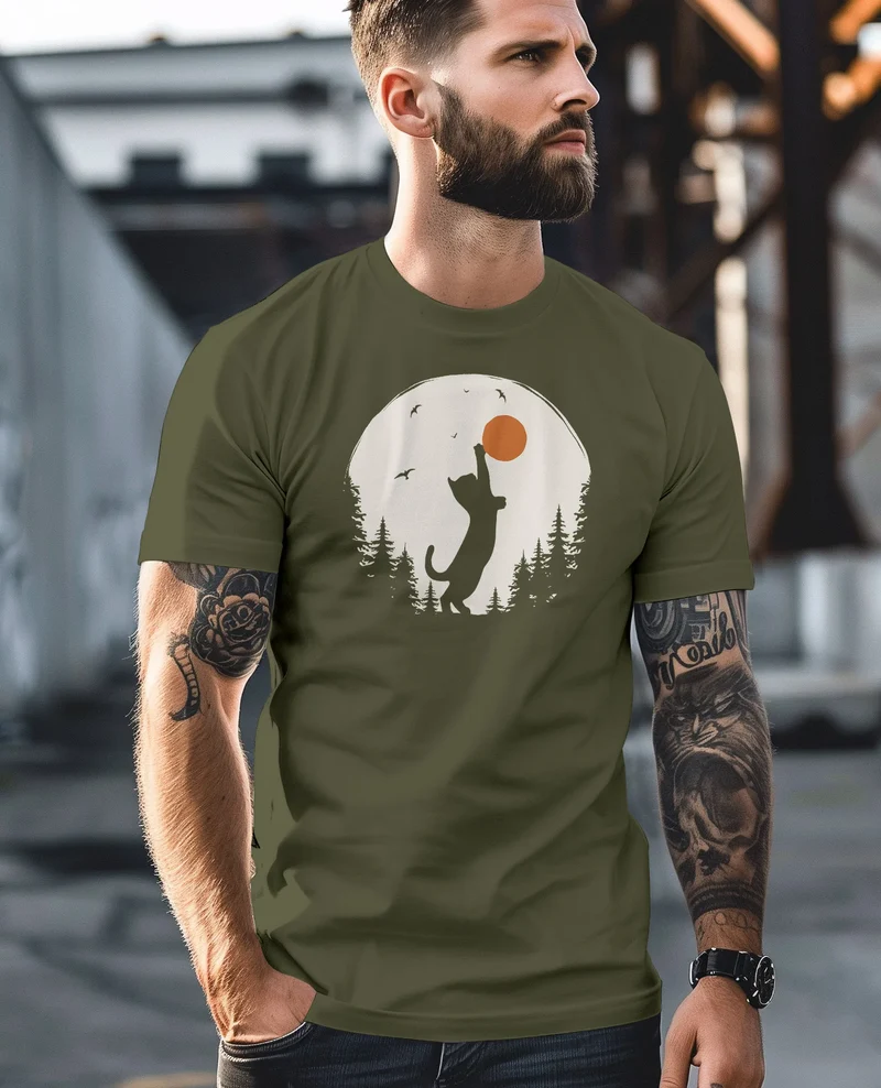 Herren T-Shirt Frontprint Katze Silhouette Natur Aufdruck Printshirt Grafik Fashion Streetstyle