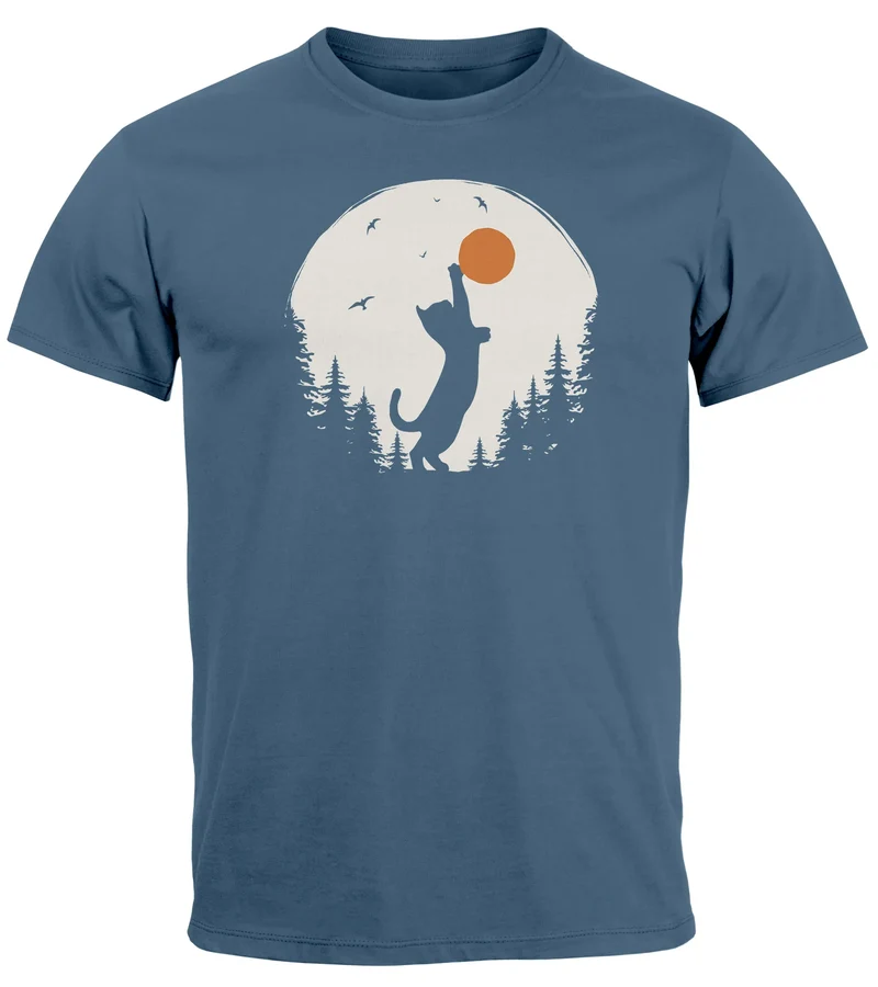 Herren T-Shirt Frontprint Katze Silhouette Natur Aufdruck Printshirt Grafik Fashion Streetstyle