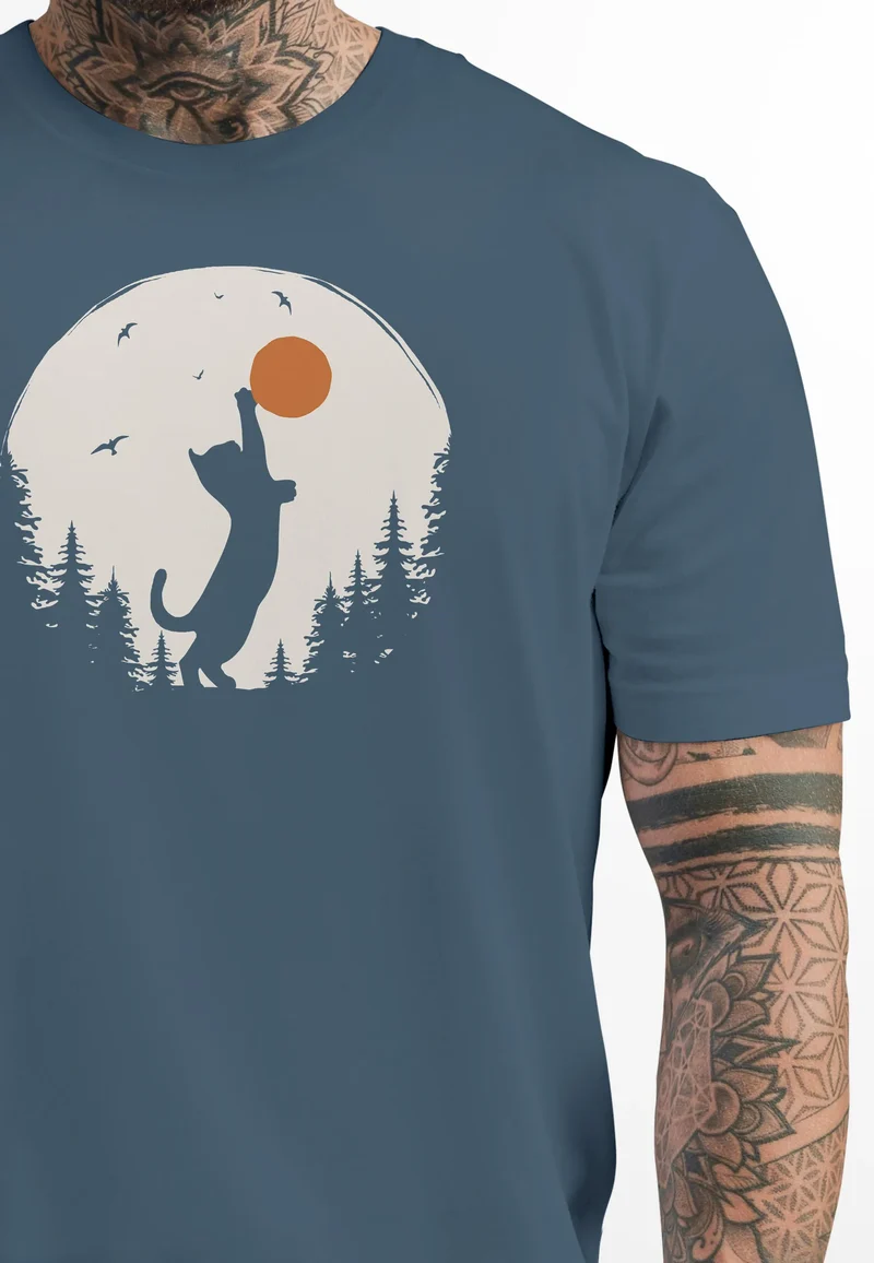Herren T-Shirt Frontprint Katze Silhouette Natur Aufdruck Printshirt Grafik Fashion Streetstyle