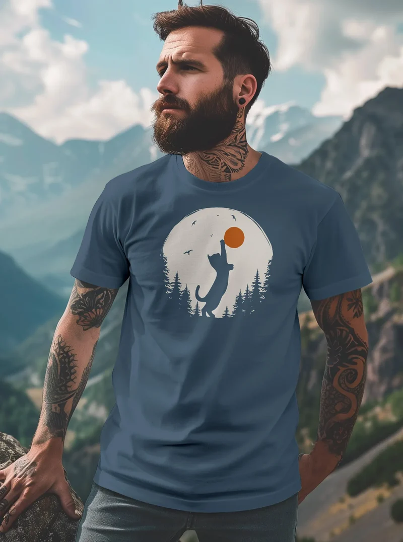 Herren T-Shirt Frontprint Katze Silhouette Natur Aufdruck Printshirt Grafik Fashion Streetstyle