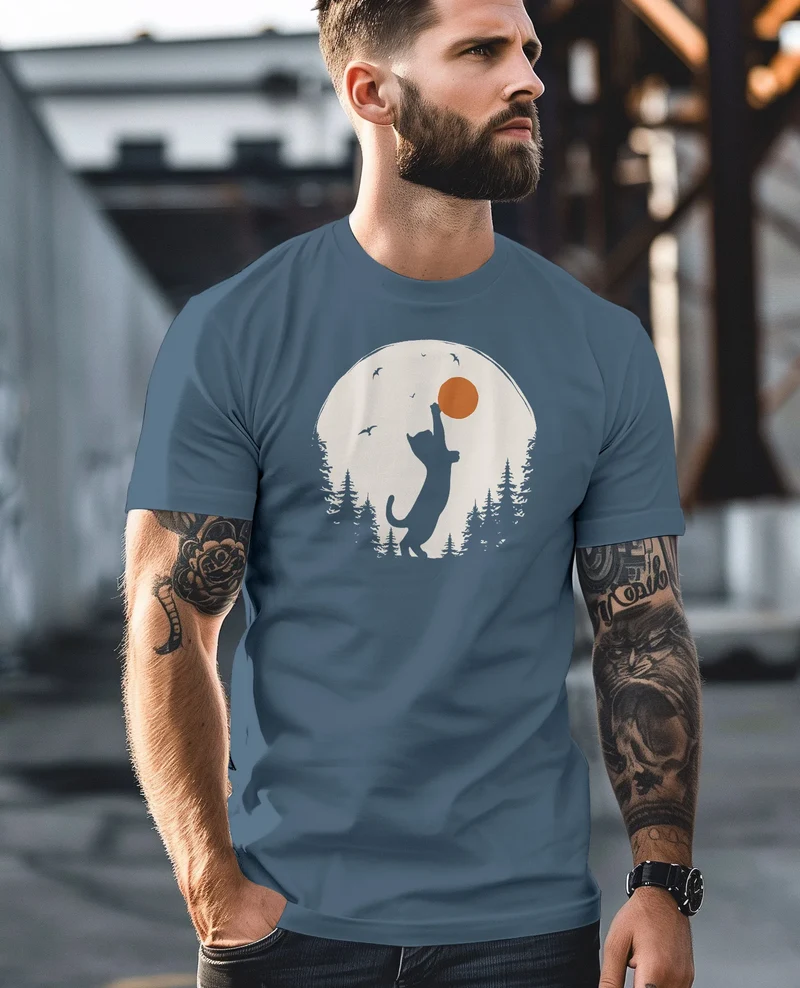 Herren T-Shirt Frontprint Katze Silhouette Natur Aufdruck Printshirt Grafik Fashion Streetstyle