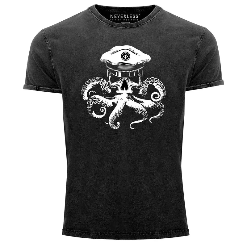 Herren Vintage Shirt Kapitän Totenkopf Oktopus Captain Skull Krake Printshirt T-Shirt Aufdruck Used Look