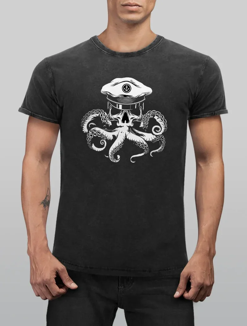 Herren Vintage Shirt Kapitän Totenkopf Oktopus Captain Skull Krake Printshirt T-Shirt Aufdruck Used Look