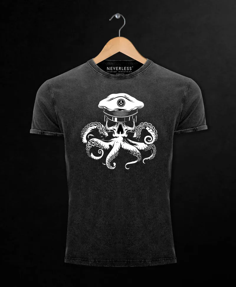 Herren Vintage Shirt Kapitän Totenkopf Oktopus Captain Skull Krake Printshirt T-Shirt Aufdruck Used Look