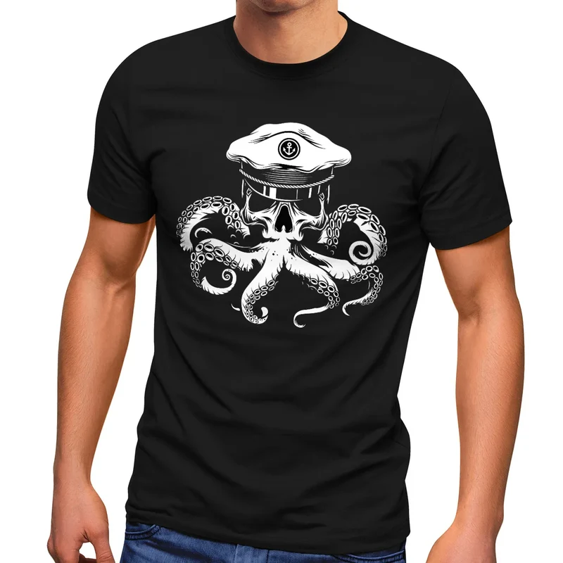 Herren T-Shirt Kapitän Totenkopf Oktopus Captain Skull Krake Fashion Streetstyle