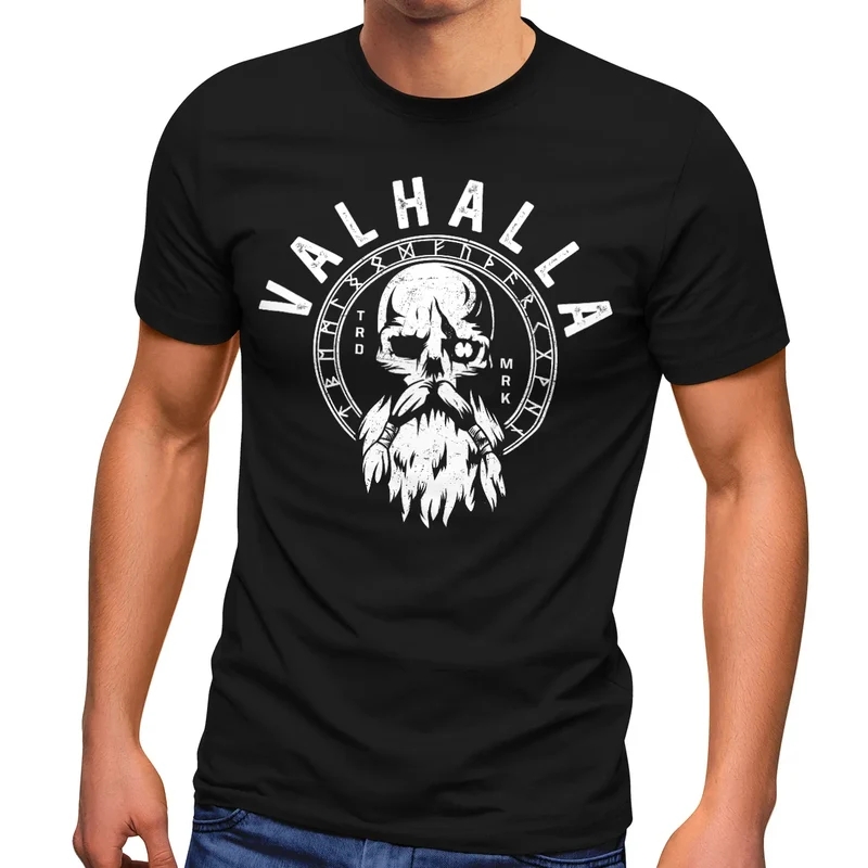 Herren T-Shirt Valhalla Totenkopf Odin Runen Wikinger Fashion Streetstyle