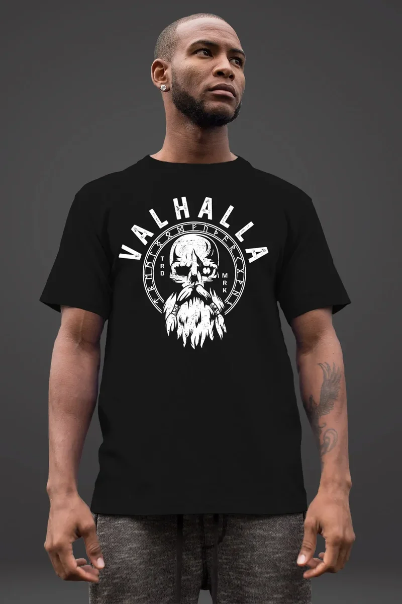 Herren T-Shirt Valhalla Totenkopf Odin Runen Wikinger Fashion Streetstyle