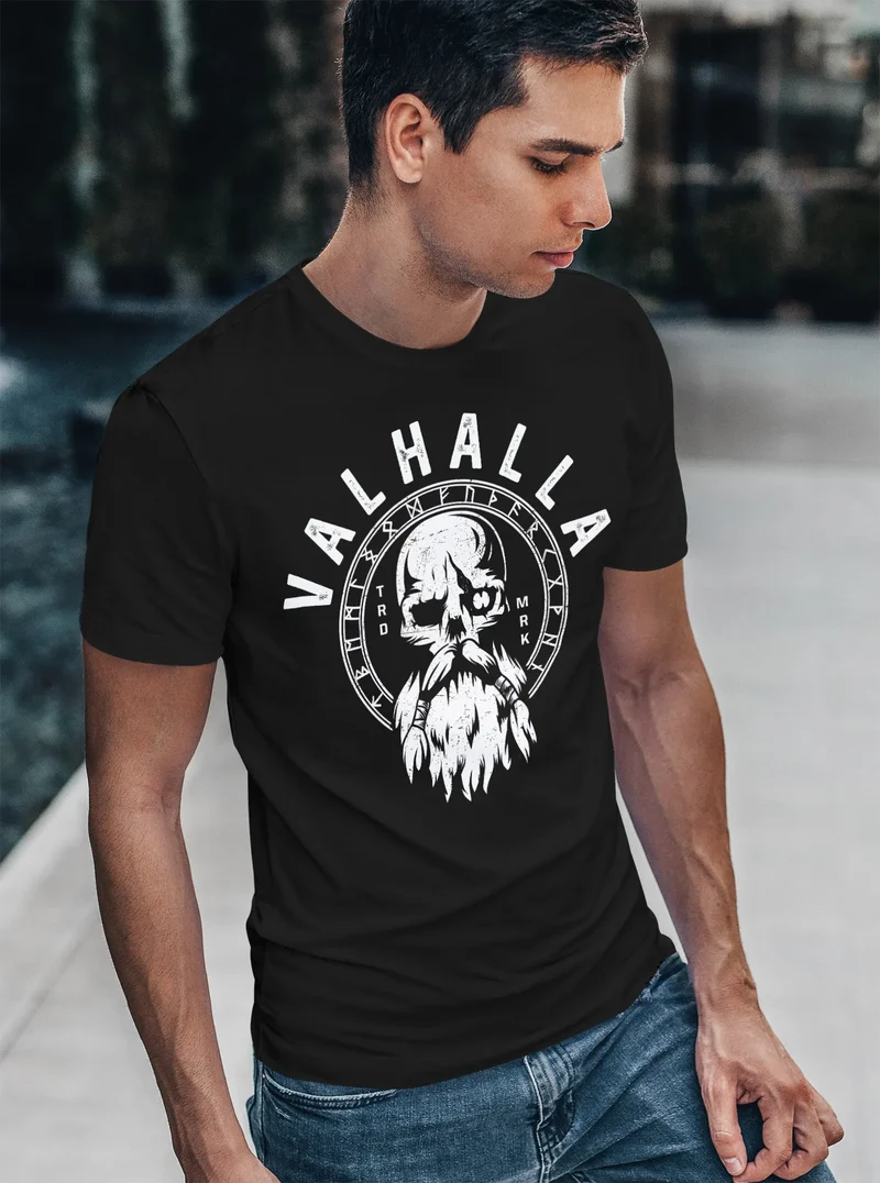 Herren T-Shirt Valhalla Totenkopf Odin Runen Wikinger Fashion Streetstyle