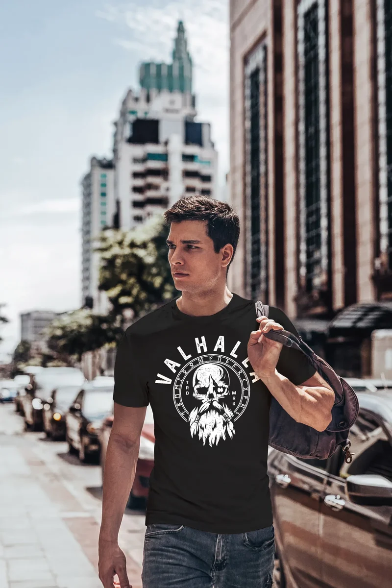 Herren T-Shirt Valhalla Totenkopf Odin Runen Wikinger Fashion Streetstyle