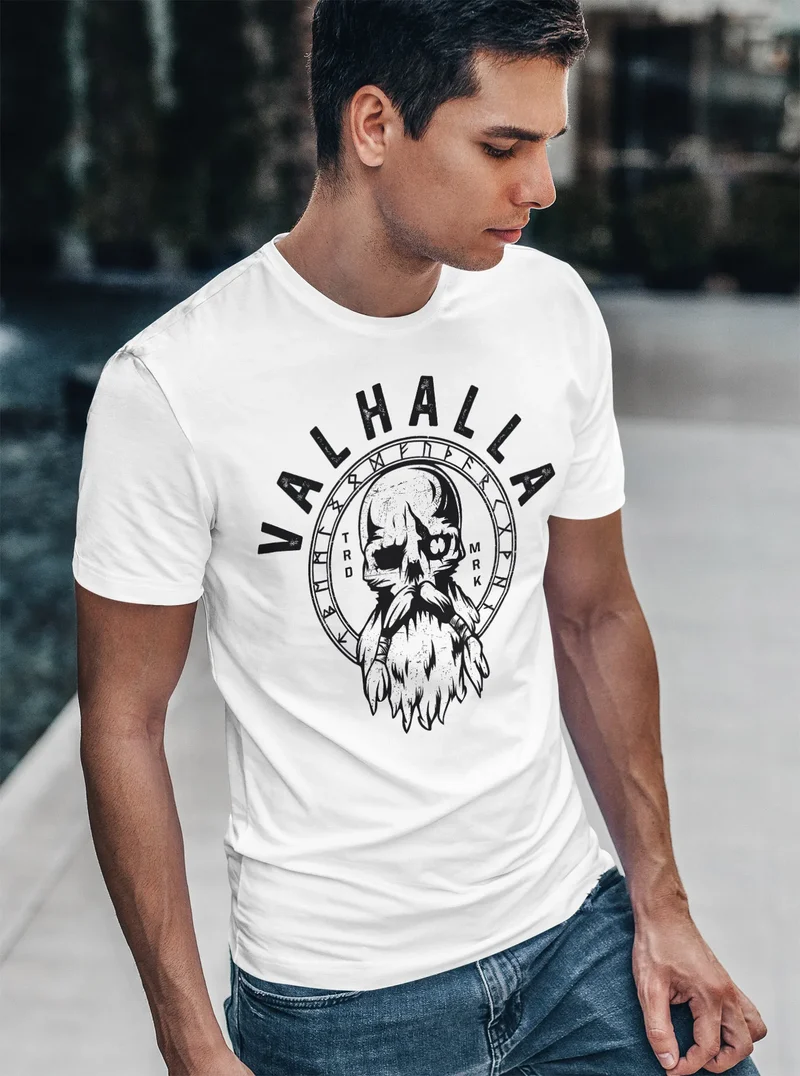 Herren T-Shirt Valhalla Totenkopf Odin Runen Wikinger Fashion Streetstyle
