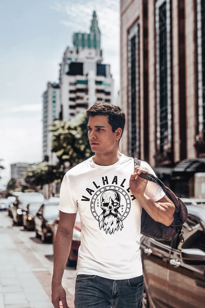 Herren T-Shirt Valhalla Totenkopf Odin Runen Wikinger Fashion Streetstyle