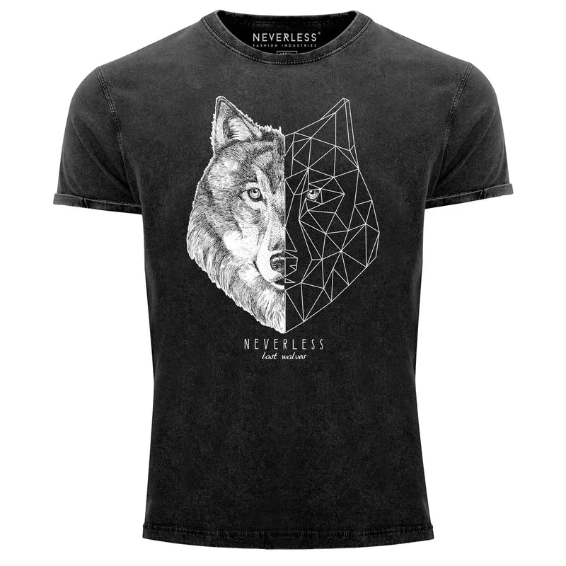 Herren Vintage Shirt Wolf Polygon Kunst Grafik Tiermotiv Printshirt T-Shirt Aufdruck Used Look