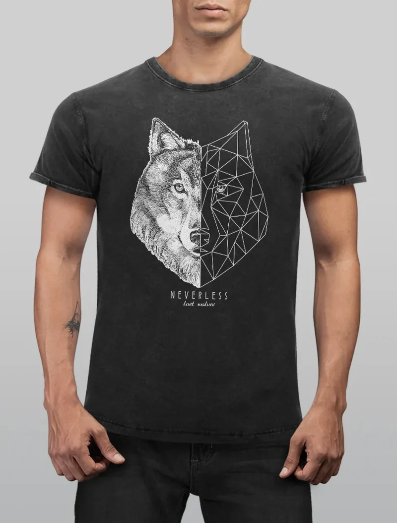 Herren Vintage Shirt Wolf Polygon Kunst Grafik Tiermotiv Printshirt T-Shirt Aufdruck Used Look