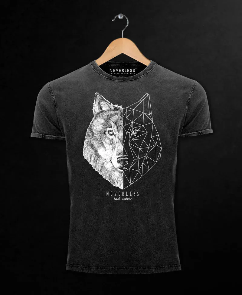 Herren Vintage Shirt Wolf Polygon Kunst Grafik Tiermotiv Printshirt T-Shirt Aufdruck Used Look