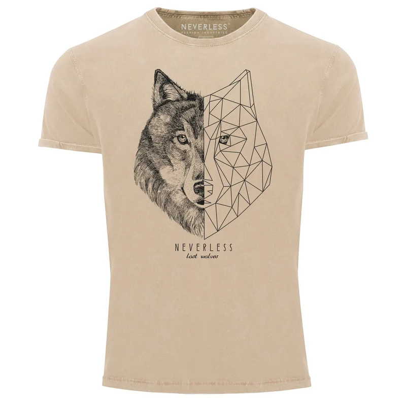 Herren Vintage Shirt Wolf Polygon Kunst Grafik Tiermotiv Printshirt T-Shirt Aufdruck Used Look