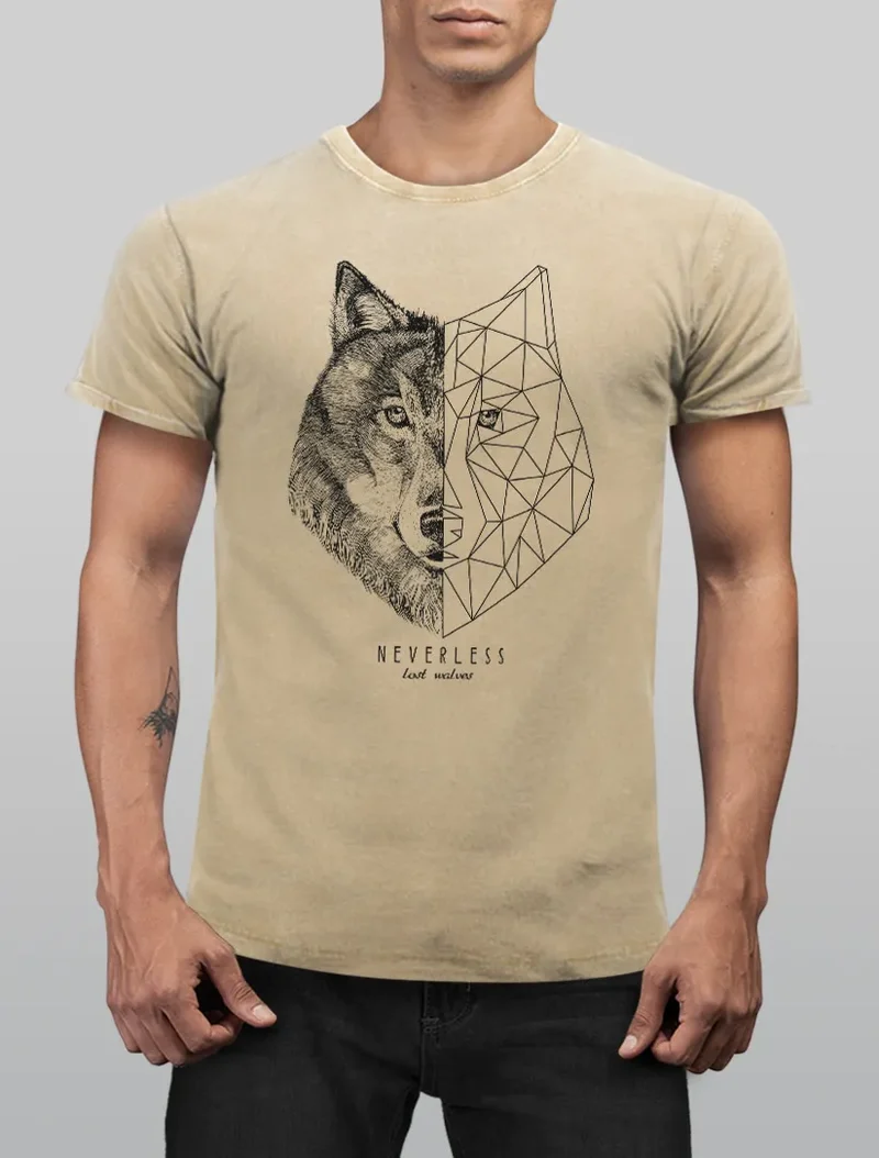 Herren Vintage Shirt Wolf Polygon Kunst Grafik Tiermotiv Printshirt T-Shirt Aufdruck Used Look