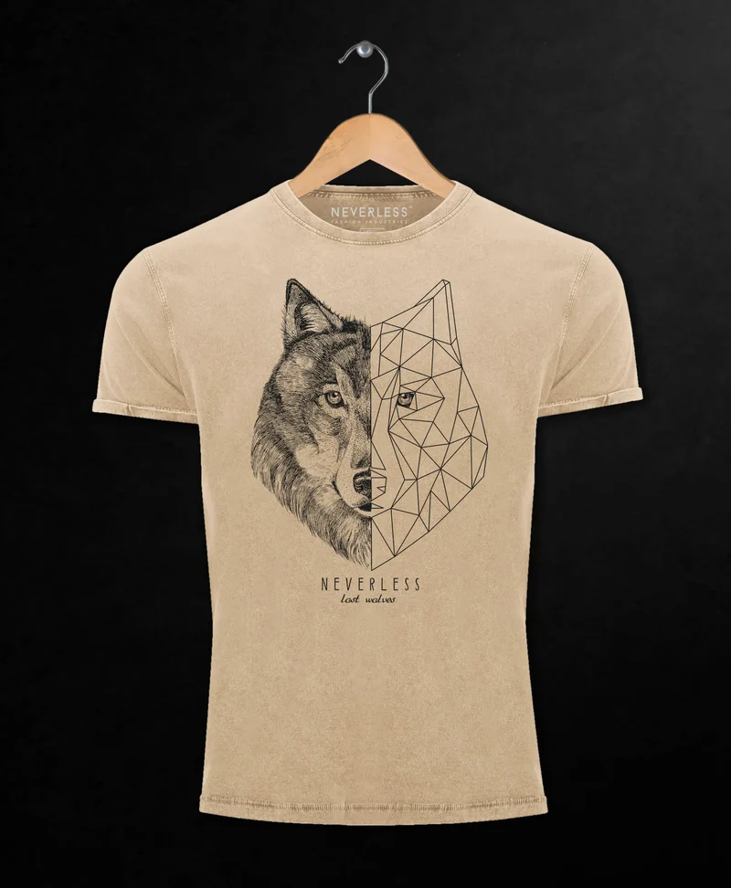 Herren Vintage Shirt Wolf Polygon Kunst Grafik Tiermotiv Printshirt T-Shirt Aufdruck Used Look