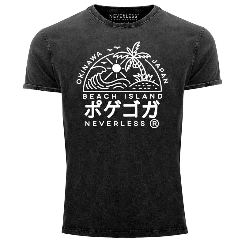 Herren Vintage Shirt Japan Okinawa Beach Island Schriftzeichen Printshirt T-Shirt Aufdruck Used Look