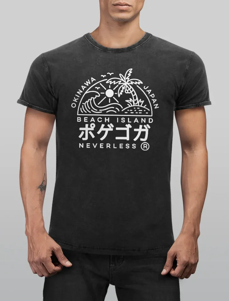 Herren Vintage Shirt Japan Okinawa Beach Island Schriftzeichen Printshirt T-Shirt Aufdruck Used Look