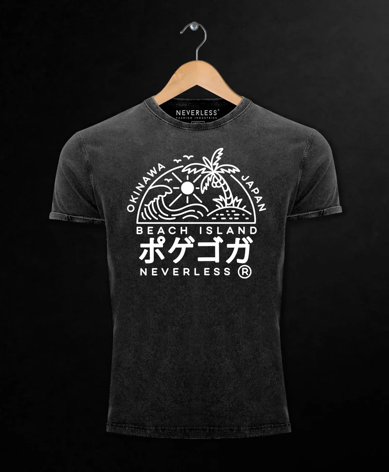 Herren Vintage Shirt Japan Okinawa Beach Island Schriftzeichen Printshirt T-Shirt Aufdruck Used Look