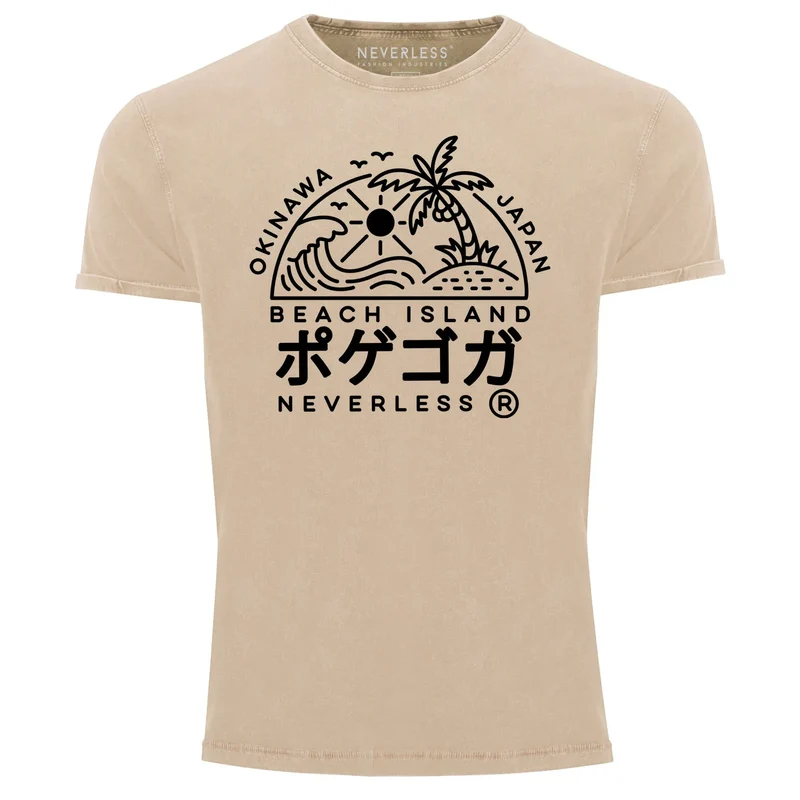 Herren Vintage Shirt Japan Okinawa Beach Island Schriftzeichen Printshirt T-Shirt Aufdruck Used Look