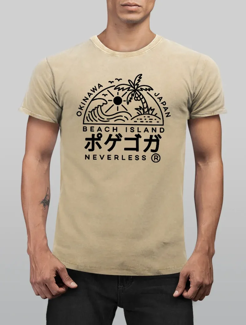 Herren Vintage Shirt Japan Okinawa Beach Island Schriftzeichen Printshirt T-Shirt Aufdruck Used Look