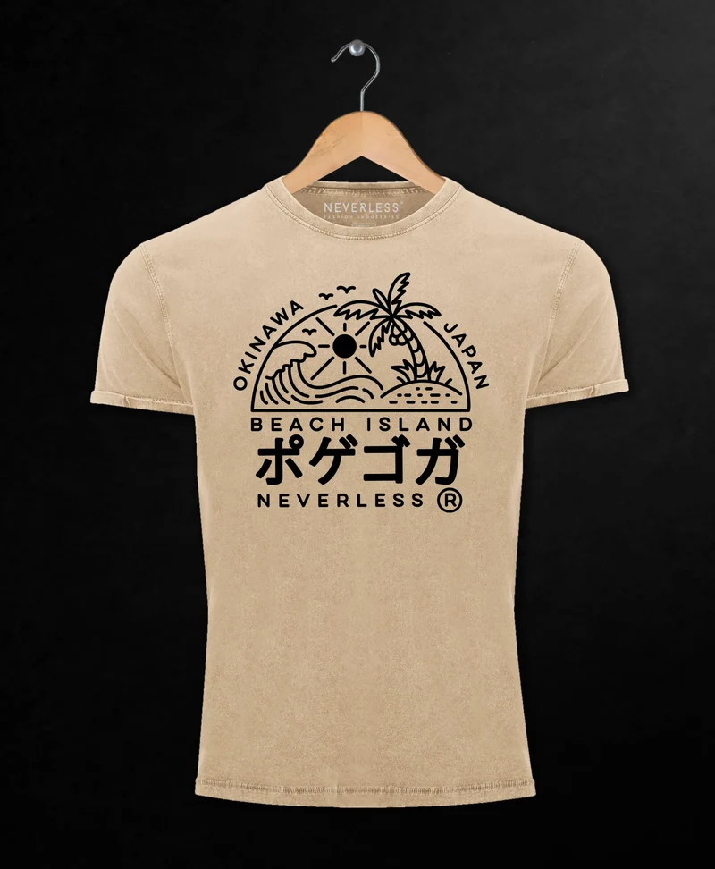 Herren Vintage Shirt Japan Okinawa Beach Island Schriftzeichen Printshirt T-Shirt Aufdruck Used Look
