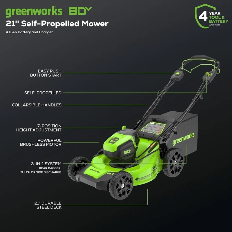 Greenworks 80V 21″ Cordless Self-Propelled Lawn Mower
