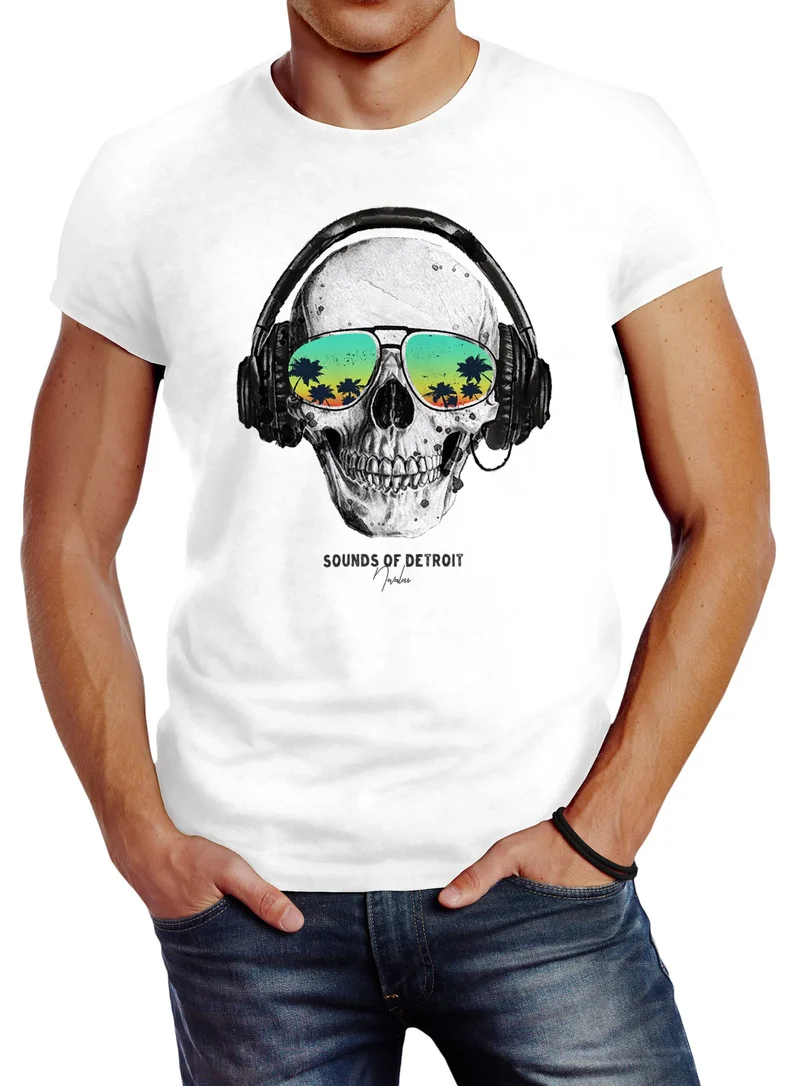 Herren T-Shirt Totenkopf Kopfhörer Musik Party Skull Sonnenbrille Schädel Sounds of Detroit Music Slim Fit