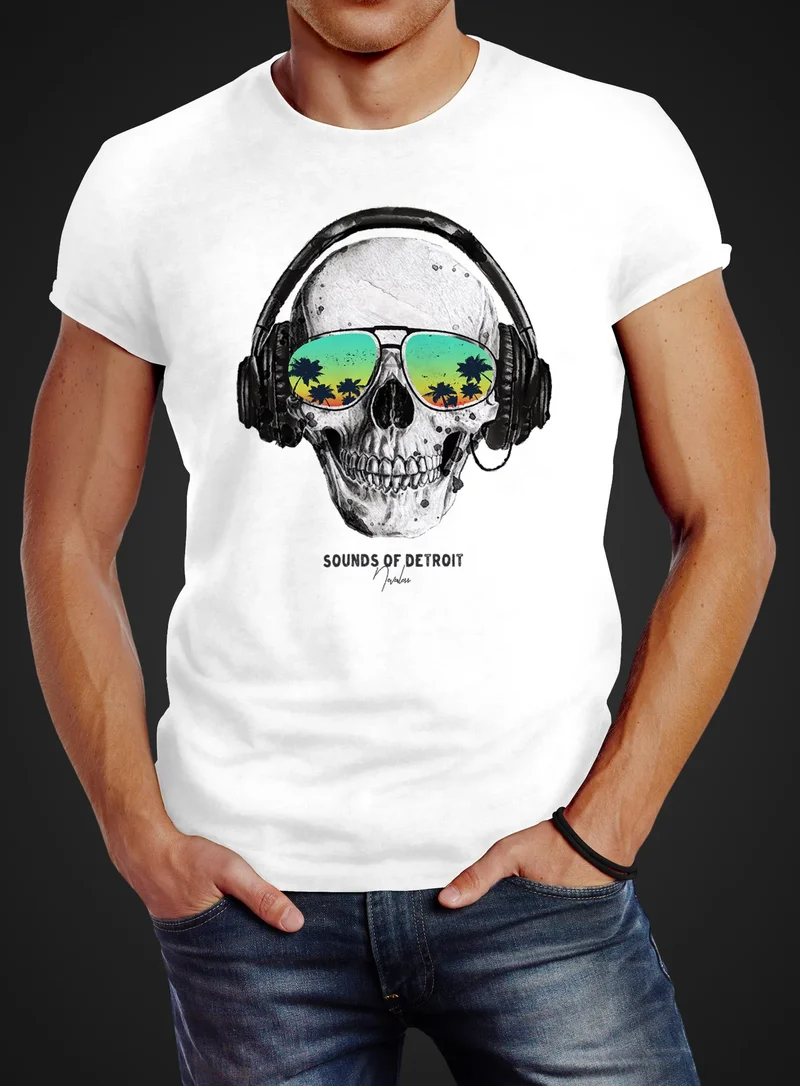 Herren T-Shirt Totenkopf Kopfhörer Musik Party Skull Sonnenbrille Schädel Sounds of Detroit Music Slim Fit