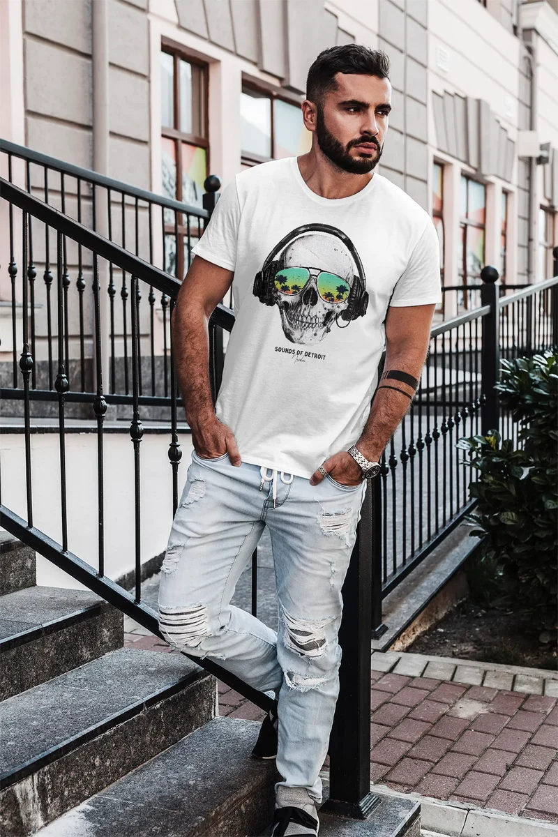 Herren T-Shirt Totenkopf Kopfhörer Musik Party Skull Sonnenbrille Schädel Sounds of Detroit Music Slim Fit