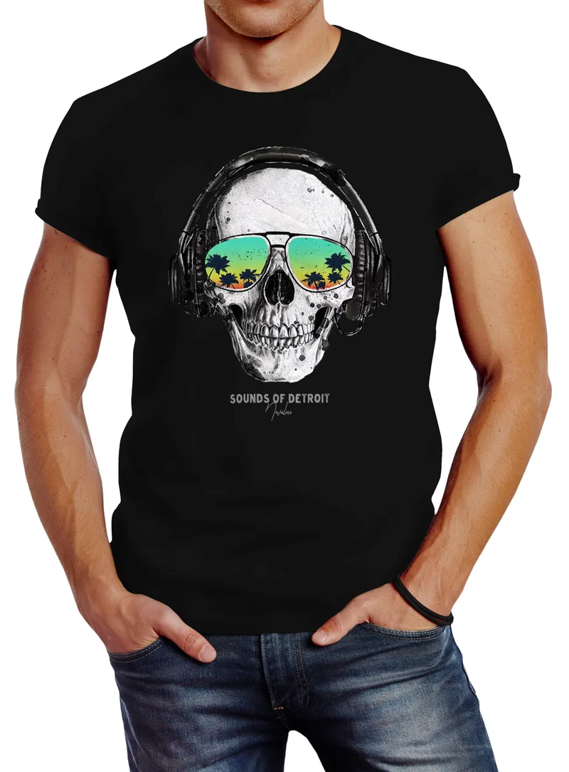 Herren T-Shirt Totenkopf Kopfhörer Musik Party Skull Sonnenbrille Schädel Sounds of Detroit Music Slim Fit