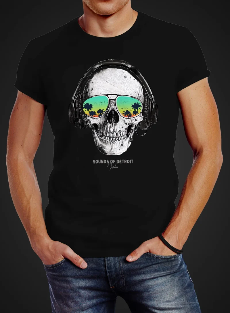 Herren T-Shirt Totenkopf Kopfhörer Musik Party Skull Sonnenbrille Schädel Sounds of Detroit Music Slim Fit
