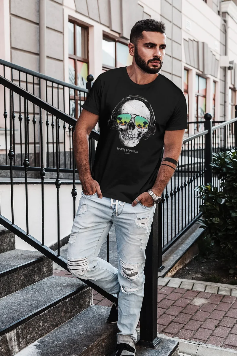 Herren T-Shirt Totenkopf Kopfhörer Musik Party Skull Sonnenbrille Schädel Sounds of Detroit Music Slim Fit