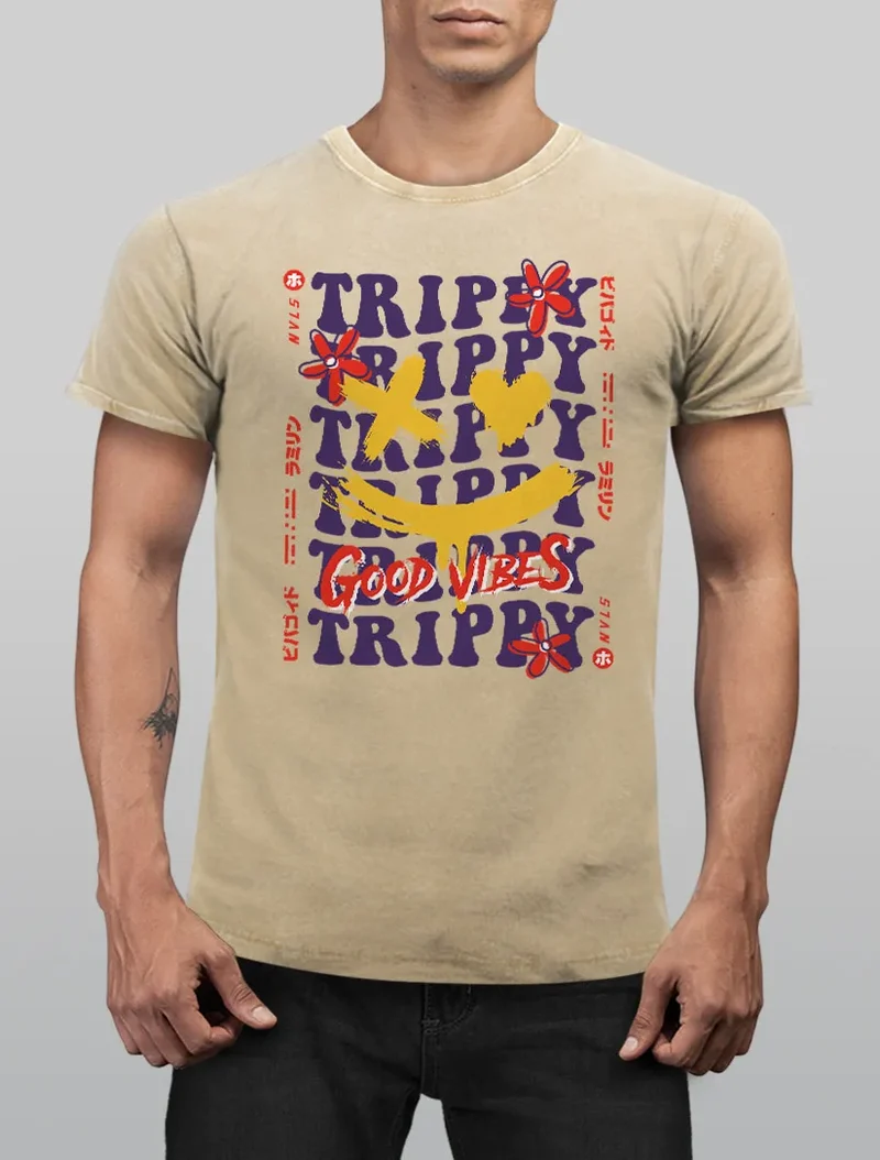 Herren Vintage Shirt Drip Face Smile Good Vibes Herz Blumen Collage Printshirt T-Shirt Aufdruck Used Look