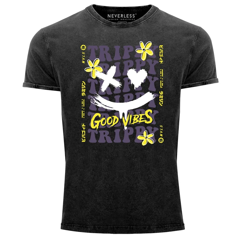 Herren Vintage Shirt Drip Face Smile Good Vibes Herz Blumen Collage Printshirt T-Shirt Aufdruck Used Look