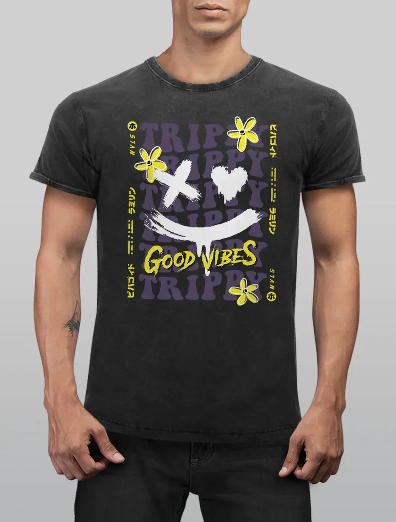 Herren Vintage Shirt Drip Face Smile Good Vibes Herz Blumen Collage Printshirt T-Shirt Aufdruck Used Look
