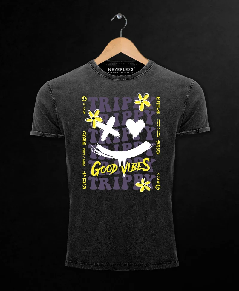 Herren Vintage Shirt Drip Face Smile Good Vibes Herz Blumen Collage Printshirt T-Shirt Aufdruck Used Look