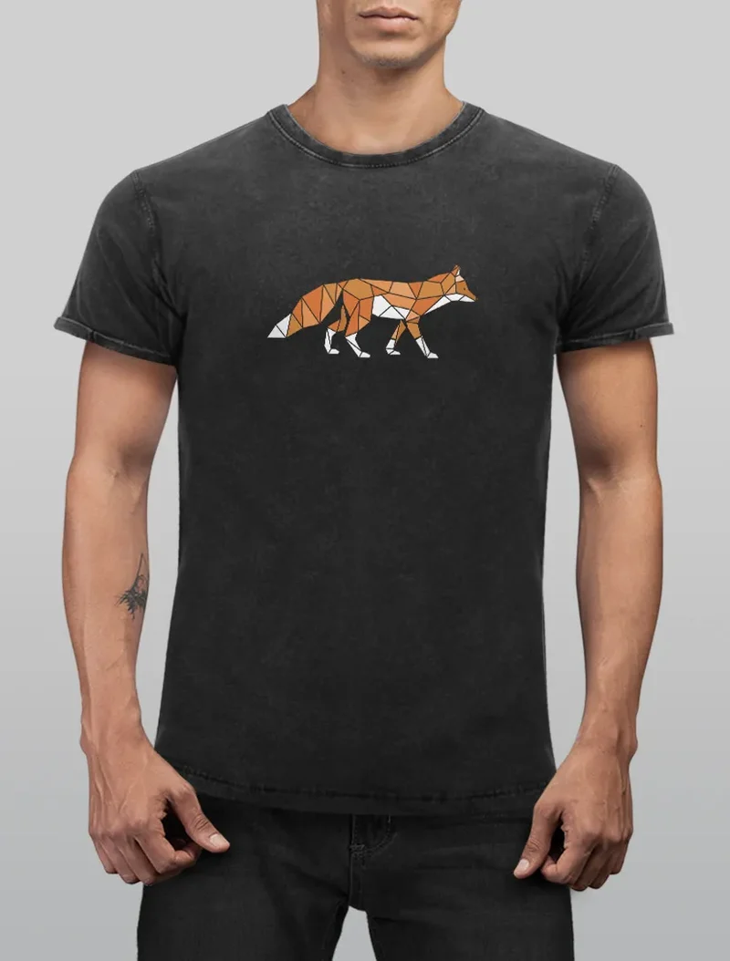 Herren Vintage Shirt Aufdruck Fuchs Polygon Kunstdruck Geometrie Outdoor Logo Tier Motiv Fashion Streetstyle