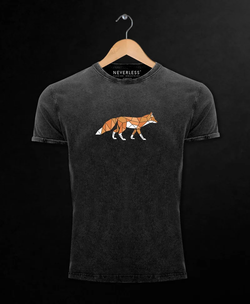 Herren Vintage Shirt Aufdruck Fuchs Polygon Kunstdruck Geometrie Outdoor Logo Tier Motiv Fashion Streetstyle