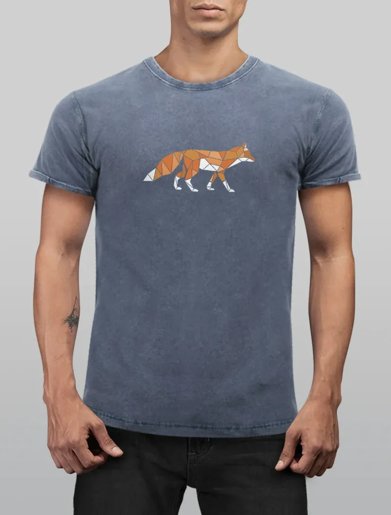 Herren Vintage Shirt Aufdruck Fuchs Polygon Kunstdruck Geometrie Outdoor Logo Tier Motiv Fashion Streetstyle