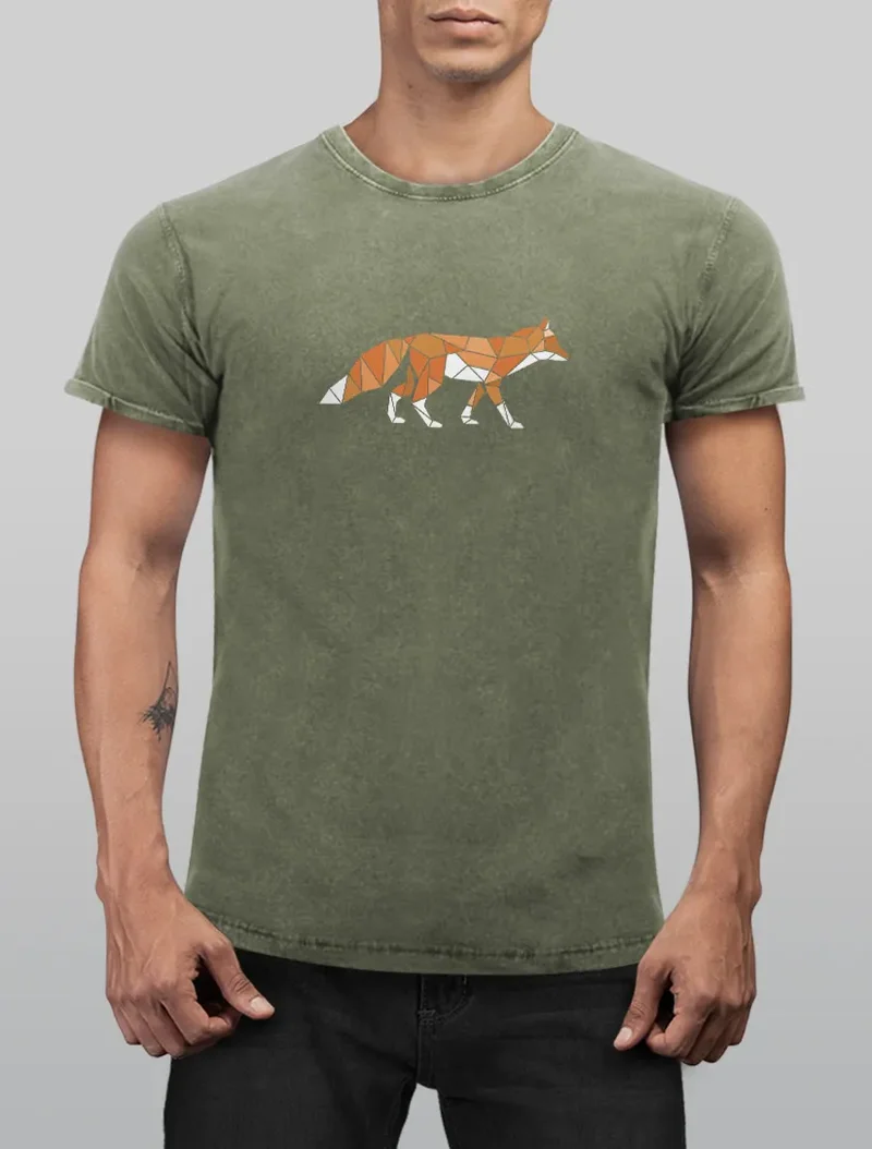 Herren Vintage Shirt Aufdruck Fuchs Polygon Kunstdruck Geometrie Outdoor Logo Tier Motiv Fashion Streetstyle