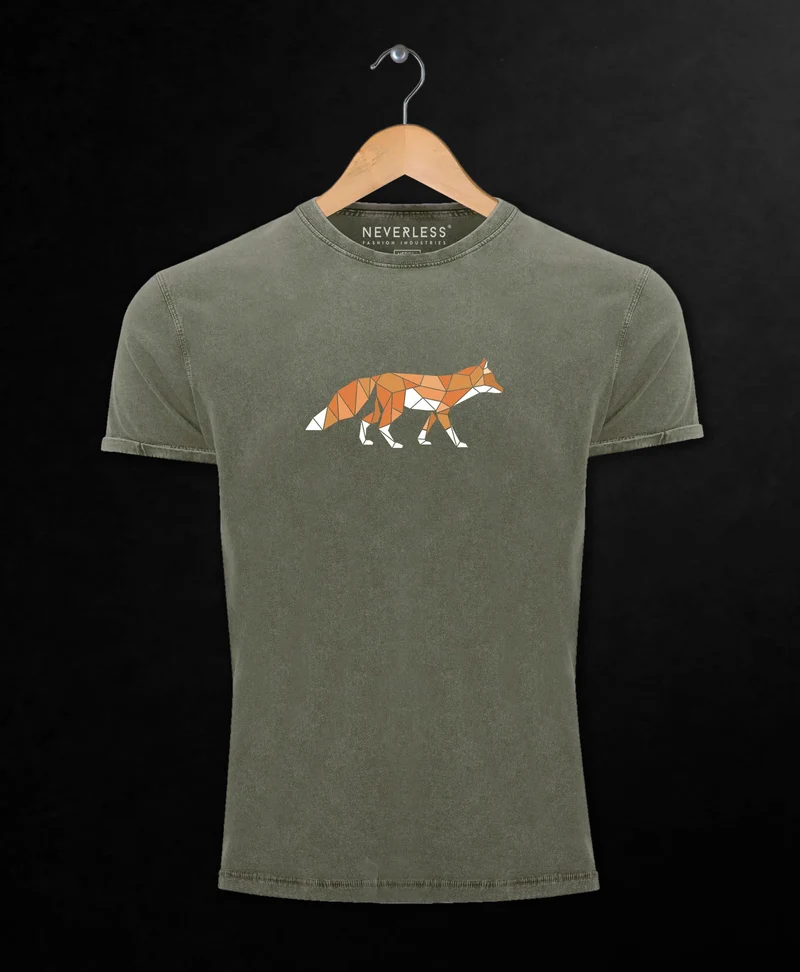 Herren Vintage Shirt Aufdruck Fuchs Polygon Kunstdruck Geometrie Outdoor Logo Tier Motiv Fashion Streetstyle
