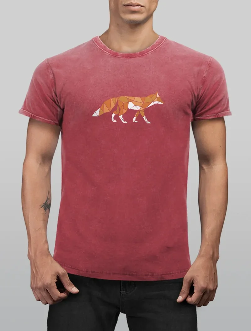Herren Vintage Shirt Aufdruck Fuchs Polygon Kunstdruck Geometrie Outdoor Logo Tier Motiv Fashion Streetstyle
