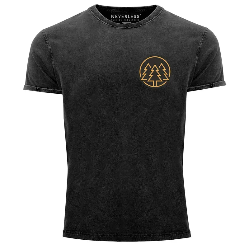 Herren Vintage Shirt Logo Print Wald Bäume Outdoor Motiv Printshirt T-Shirt Aufdruck Used Look
