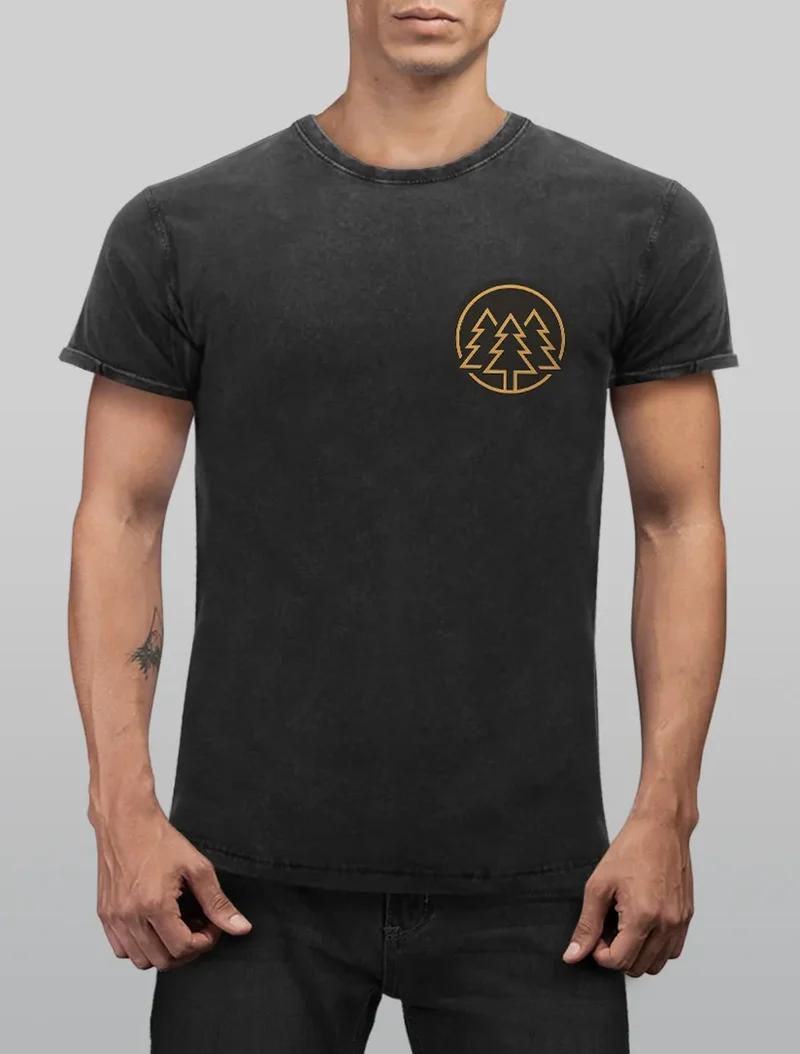 Herren Vintage Shirt Logo Print Wald Bäume Outdoor Motiv Printshirt T-Shirt Aufdruck Used Look