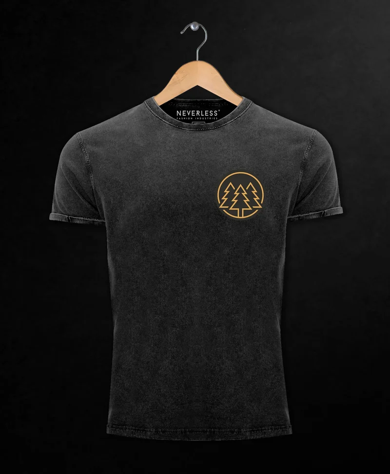 Herren Vintage Shirt Logo Print Wald Bäume Outdoor Motiv Printshirt T-Shirt Aufdruck Used Look