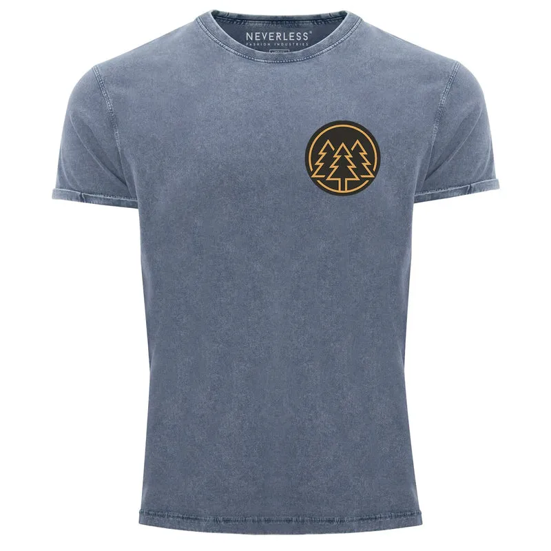 Herren Vintage Shirt Logo Print Wald Bäume Outdoor Motiv Printshirt T-Shirt Aufdruck Used Look