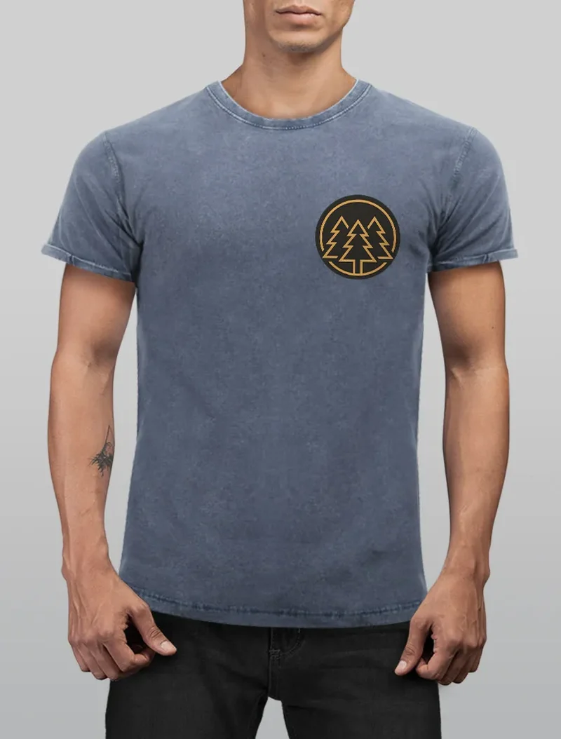 Herren Vintage Shirt Logo Print Wald Bäume Outdoor Motiv Printshirt T-Shirt Aufdruck Used Look